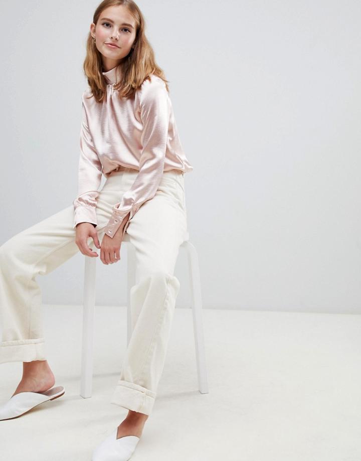 Brave Soul Tulip High Neck Blouse In Crushed Satin - Pink