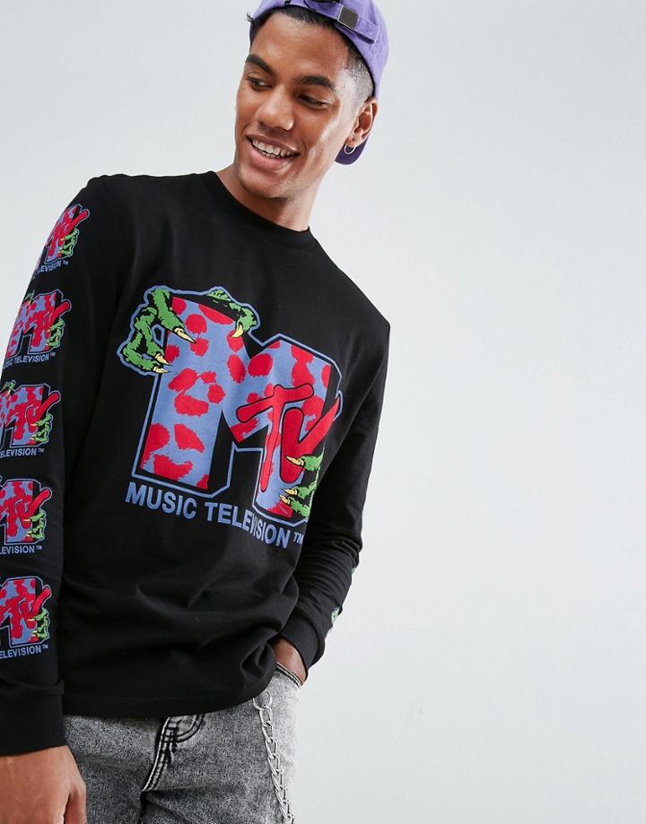 Asos X Mtv Long Sleeve T-shirt With Sleeve And Body Print - Black