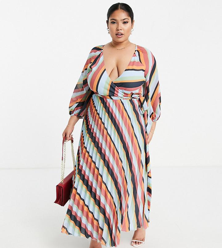 Asos Design Curve Pleated Wrap Midi Dress In Multi Stripe