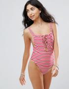 Motel Stripe Lace Up Swimsuit - Red