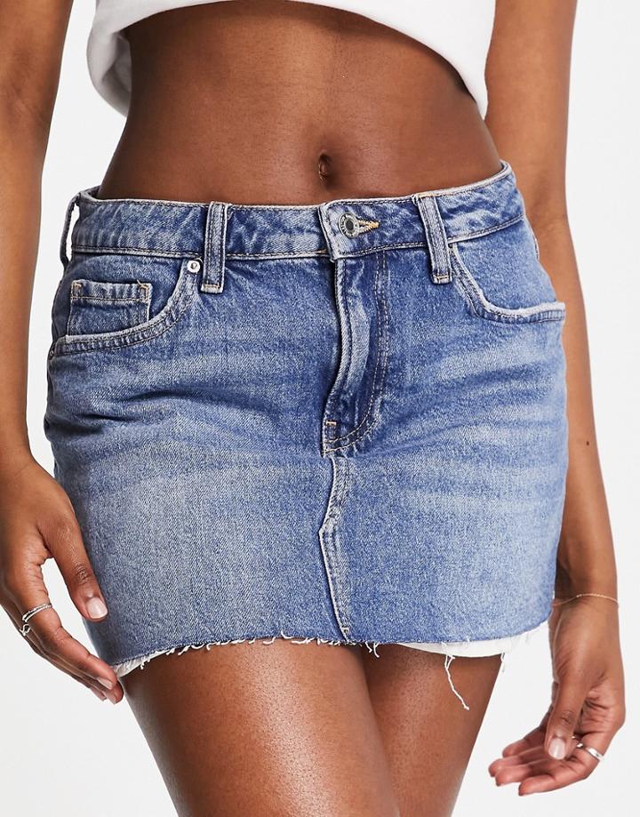 Bershka Raw Hem 90s Denim Micro Mini Skirt In Blue
