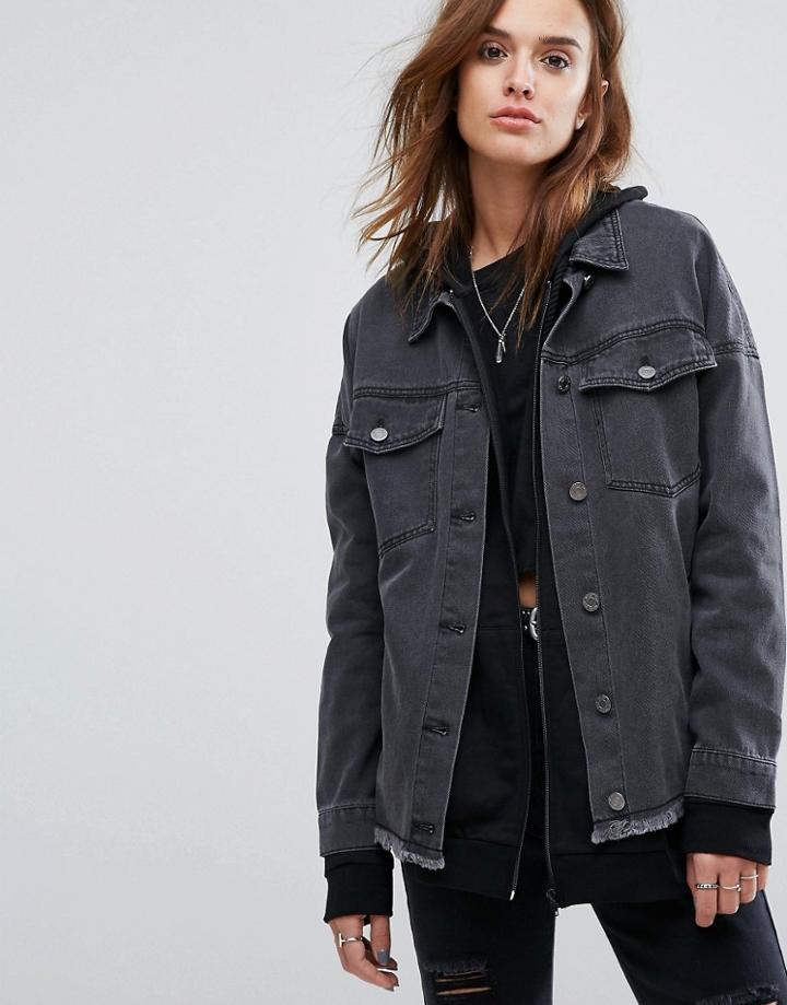 Noisy May Longline Denim Jacket With Raw Edge - Black