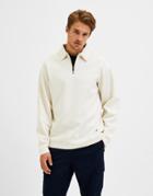 Selected Homme Organic Cotton Quarter Zip Polo Sweatshirt In Cream-white