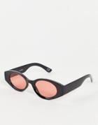 Asos Design Mid Oval Sunglasses In Black With Red Lens