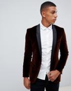 Hugo Arti Extra Slim Fit Velvet Blazer Jacket With Satin Lapels In Brown - Brown