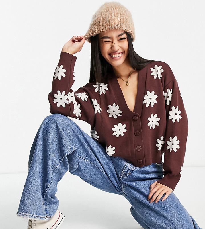 Stradivarius Daisy Pattern Cardigan In Chocolate Brown