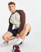 Asos Design Long Sleeve T-shirt In Beige With Brown Contrast Raglan Sleeves-neutral