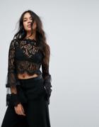 Missguided Lace Crochet Trim Flare Sleeve Blouse - Black