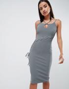 Asos Design Rib Curved Lace Up Bodycon Midi Dress - Gray