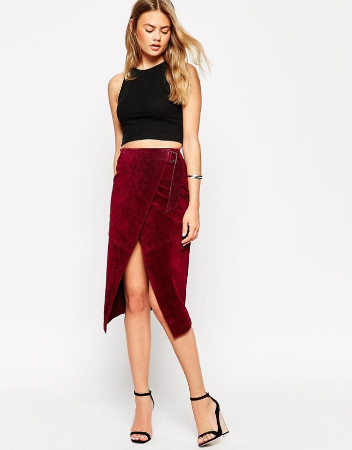 Asos Wrap Pencil Skirt In Suede With D-ring - Oxblood