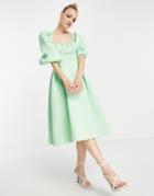 Asos Design Dropped Puff Sleeve Midi Skater Dress In Apple Green