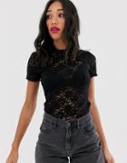 Bershka Lace T-shirt In Black - Black