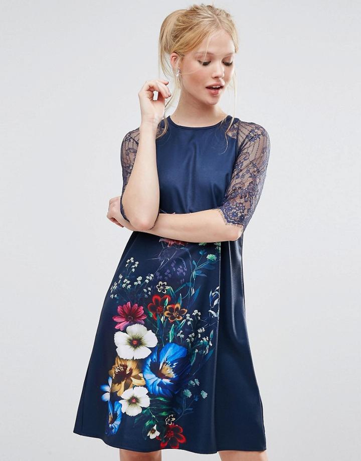 Little Mistress Floral Print And Lace Sleeve Dress - Navy