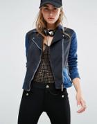 Versace Jeans Panel Biker Jacket With Contrast Denim - Multi