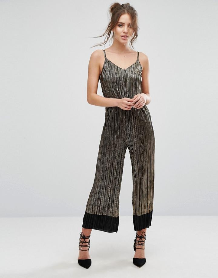Warehouse Metallic Cami Plisse Jumpsuit - Black