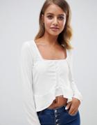 Asos Design Square Neck Long Sleeve Top With Ruffle And Lace Up - White