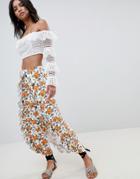 Asos Design Wide Leg Pants With High Low Frill Hem In Occasion Floral Print - Multi