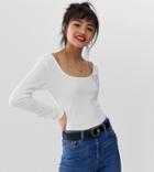 Asos Design Petite Crop Top With Scoop Neck And Long Sleeve With Buttons-cream