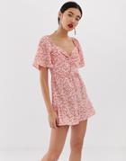 Lost Ink Bardot Romper With Ruffle Legs In Ditsy - Multi