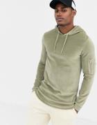 Asos Design Muscle Hoodie In Khaki Velour With Ma1 Pocket-green
