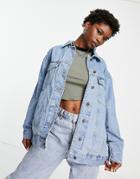 Asos Design Cotton Blend Denim Oversized Jacket With Check Lining In Midwash - Mblue