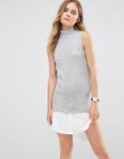 Noisy May High Neck Knit Dress With Shirt Hem - Gray