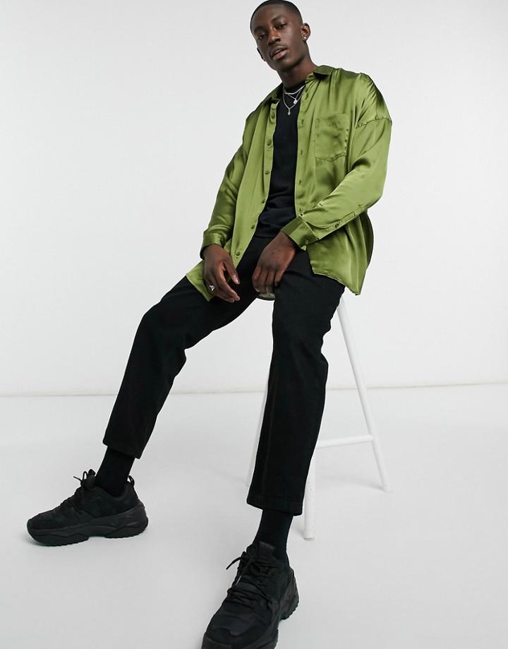 Asos Design Oversized Satin Shirt In Olive-green