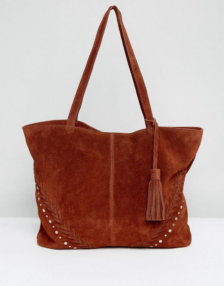 Asos Suede Studstitch Shopper Bag - Brown