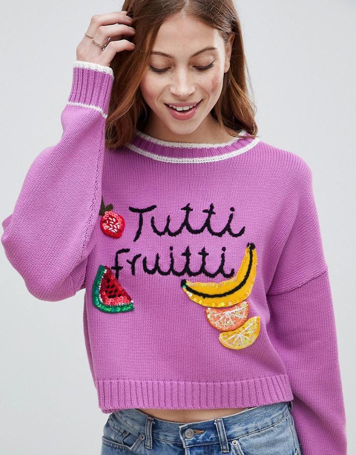 Asos Design Sweater With Tutti Fruiti Motif - Purple