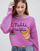 Asos Design Sweater With Tutti Fruiti Motif - Purple