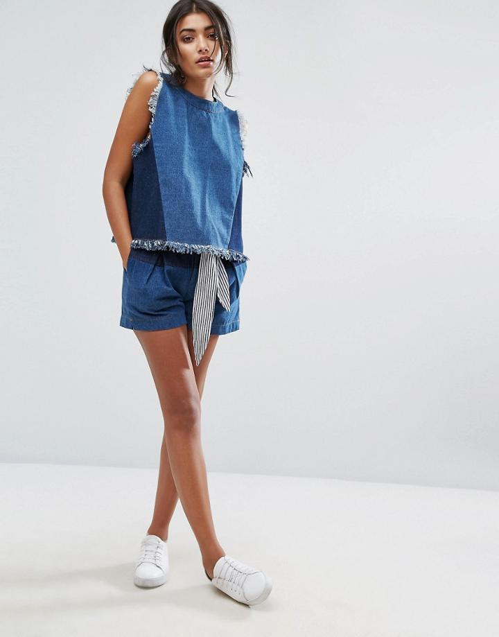 J.o.a High Waist Denim Shorts With Stripe Waist Tie Co-ord - Navy