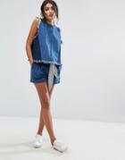 J.o.a High Waist Denim Shorts With Stripe Waist Tie Co-ord - Navy