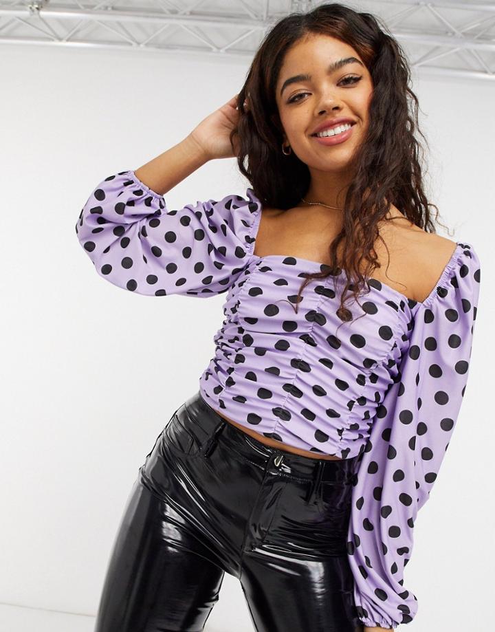 Asos Design Ruched Top With Long Puff Sleeve In Dots-multi
