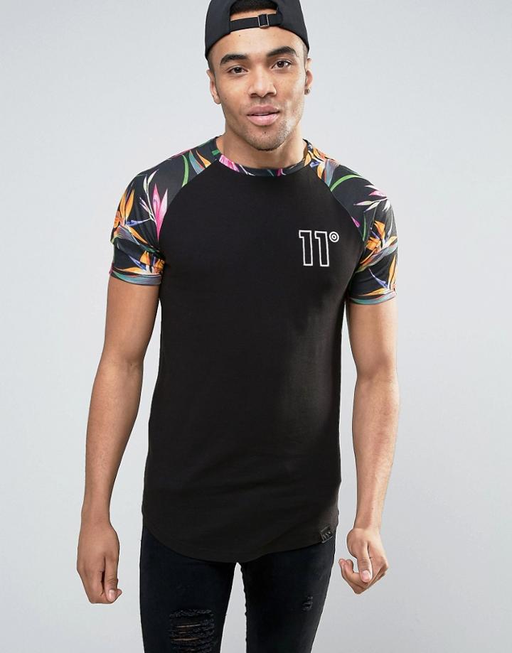 11 Degrees T-shirt In Black With Floral Print Raglan Sleeves - Black