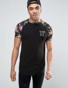 11 Degrees T-shirt In Black With Floral Print Raglan Sleeves - Black