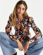 Asos Design Long Sleeve Blouse With Scoop Neck Cut-out And Tie Detail In Orange Print-multi