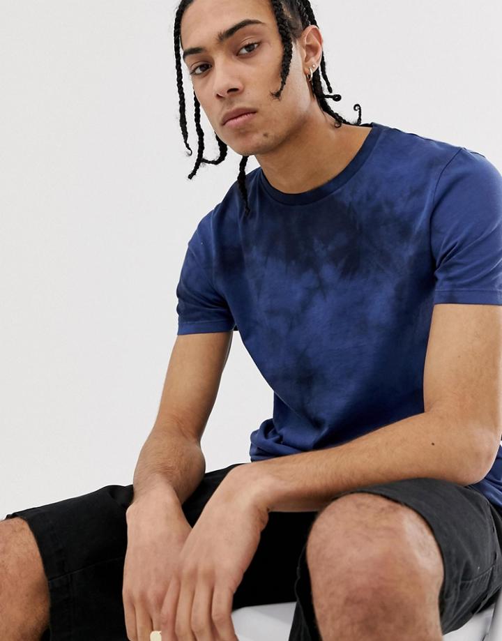 Asos Design Longline T-shirt With Curved Hem In Indigo Tie Dye Wash-blue