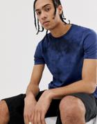 Asos Design Longline T-shirt With Curved Hem In Indigo Tie Dye Wash-blue