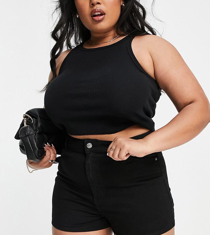 Asos Design Curve Denim High Rise 'lift And Contour' Shorts In Black