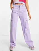 Pull & Bear High Waisted Straight Leg Cargo Pants In Lilac-purple