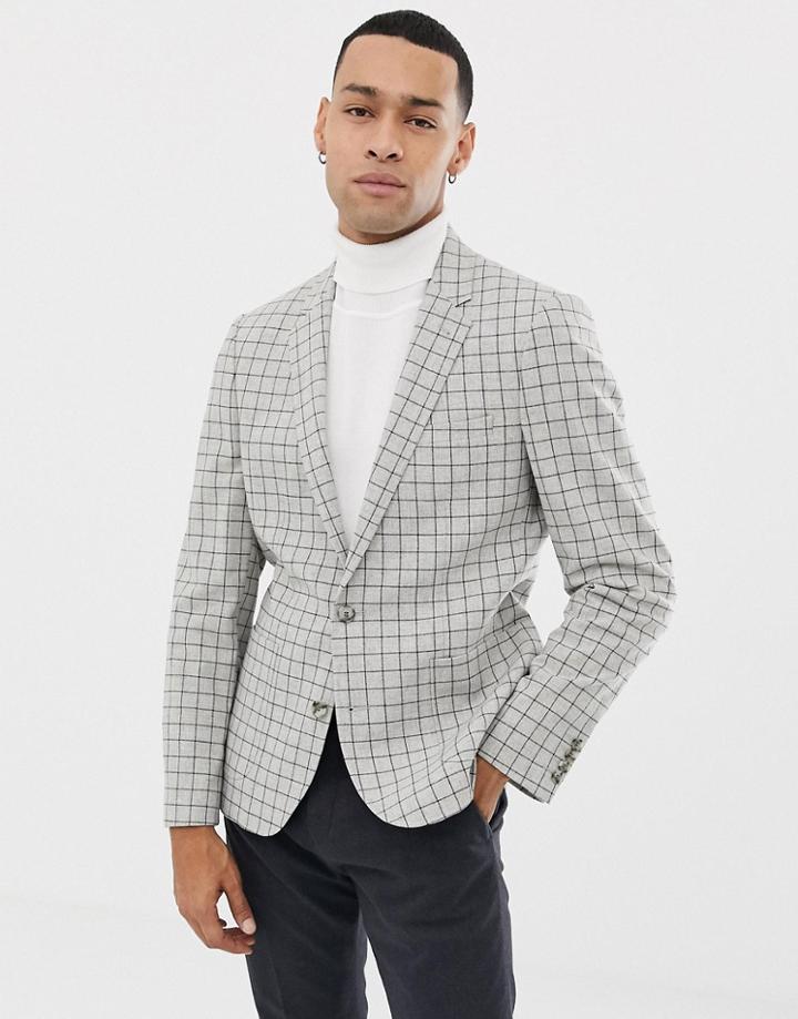 Asos Design Skinny Wool Mix Blazer In Mini Stone Check - Stone