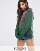 Milk It Vintage Oversized Sweatshirt With Cut Out V-neck And Tape Trims - Green