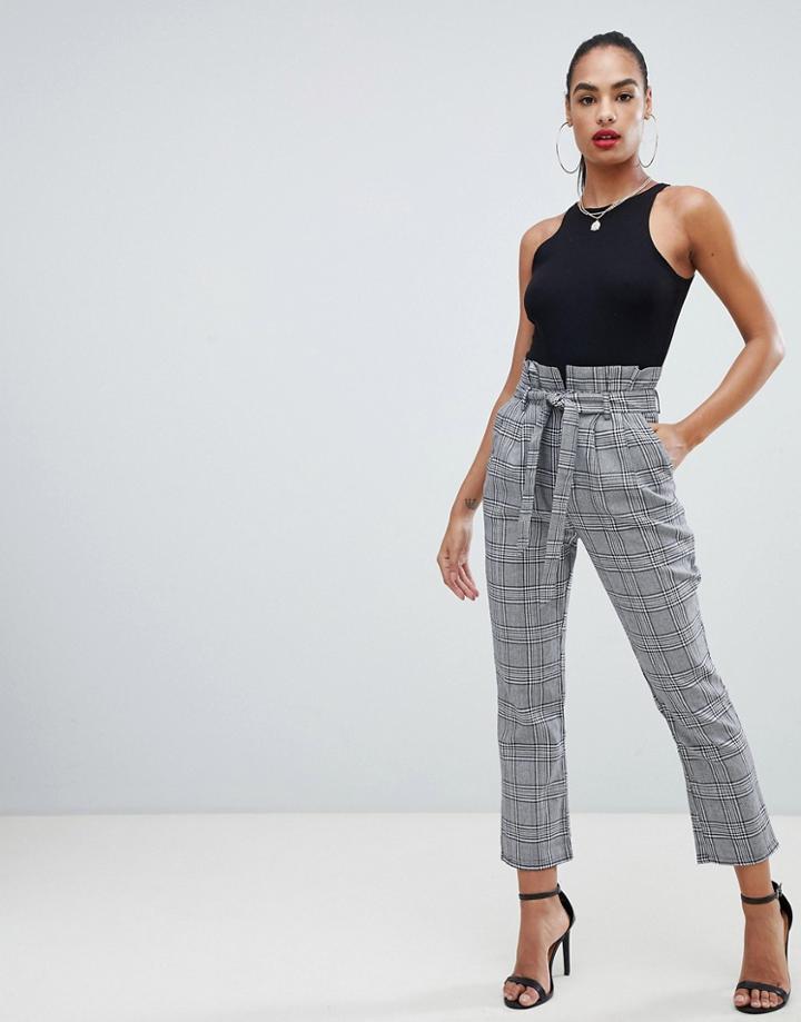 Prettylittlething Paperbag Pants In Gray Check - Gray