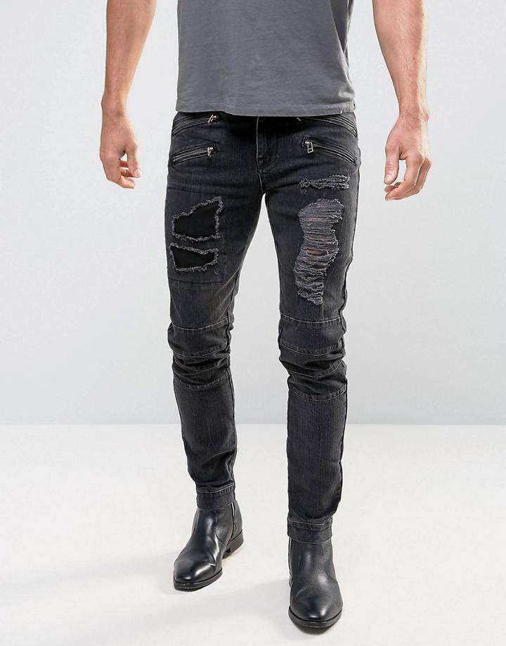 Asos Skinny Jeans With Biker Zip And Rips Details In Washed Black - Black