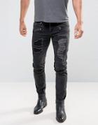 Asos Skinny Jeans With Biker Zip And Rips Details In Washed Black - Black