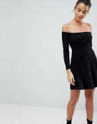 Asos Mini Bardot Skater Dress With Popper Detail - Black