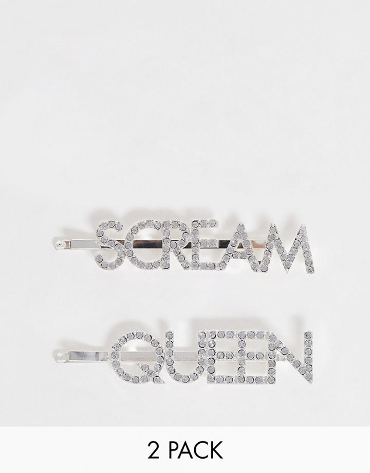 Asos Design Halloween Pack Of 2 Hair Clips With Scream Queen With Crystals In Silver Tone - Silver