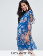 Asos Maternity Blue Floral Dress With Peplum And Ruffle Detail - Blue