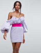 Asos Oversized Sleeve Belted Mini Dress - Purple