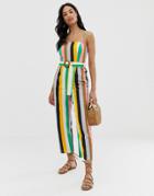 Asos Design Strappy Pinny Belted Jumpsuit In Stripe Print-multi